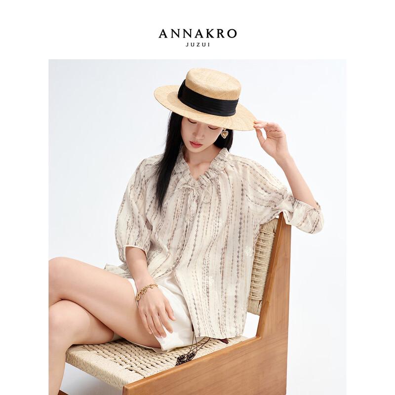 

AnnaKo Women s Elegant Embroidered Tie-Neck H-Line Shirt