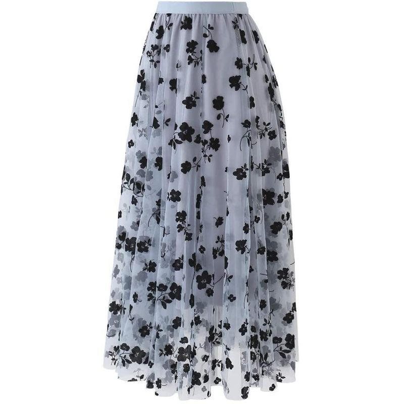 

A- Line High Waisted Printed Mesh Skirt A Word High Waist Print Mesh Skirt Women Gray S