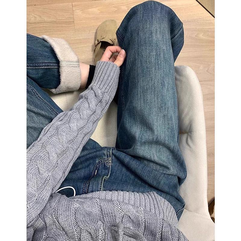Women's Plus Size Retro Blue Velvet-Lined Straight-Leg High-Waist Jeans - Winter Slimming Wide-Leg Pants
