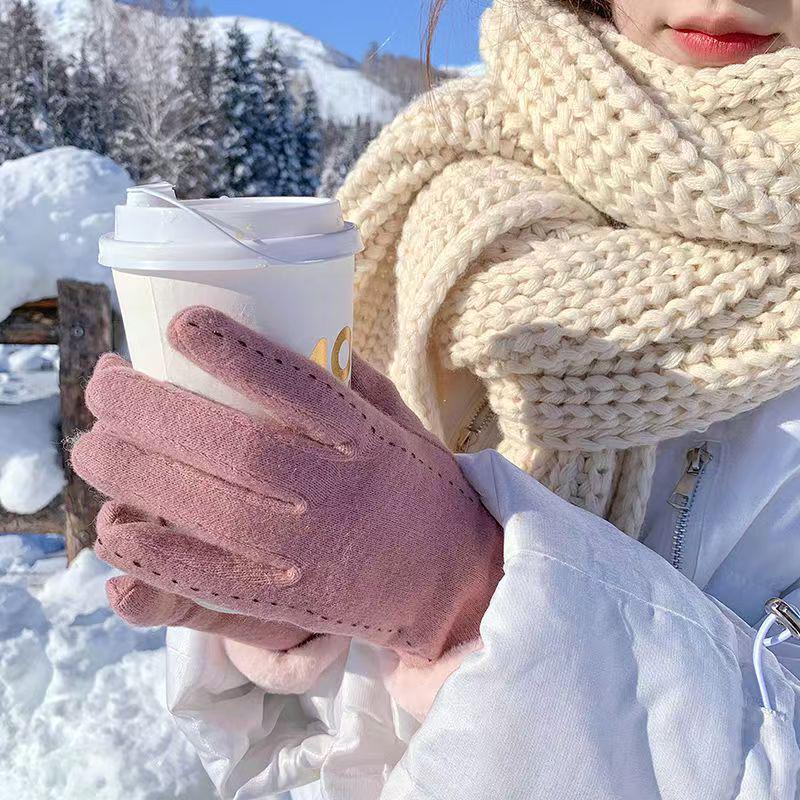 Women's Winter Windproof Touchscreen Cashmere Gloves - Thick, Warm, Fleece-Lined for Cycling, Korean Style