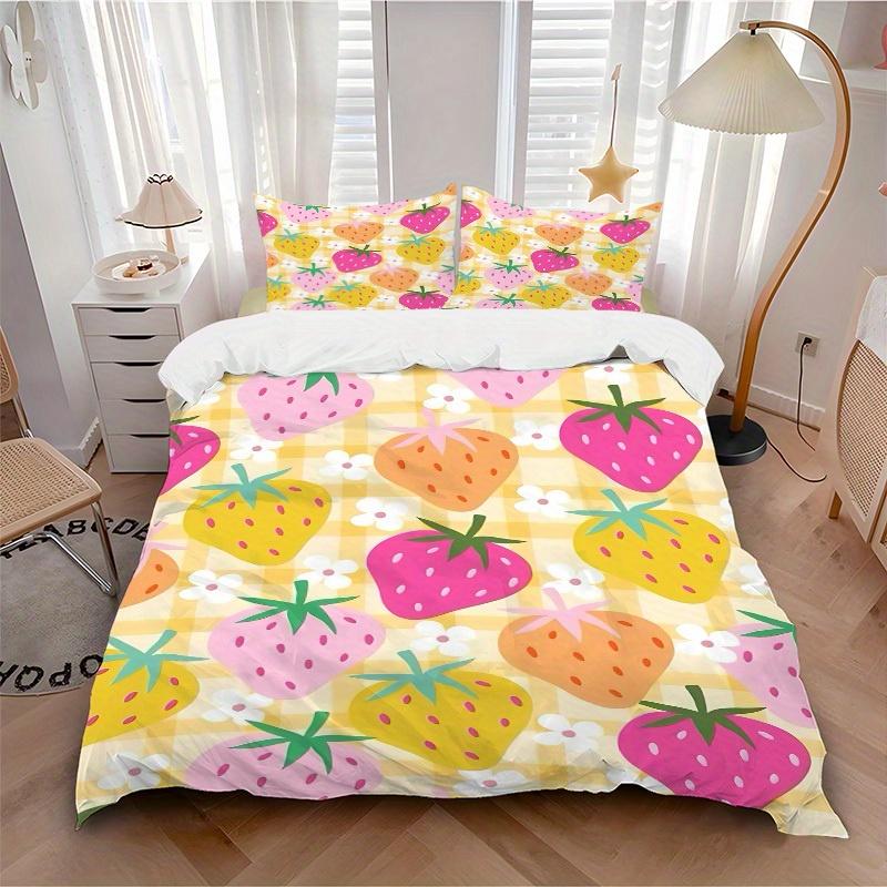 3pcs Strawberry Pattern Bedding Set, Breathable And Soft, Suitable for All Seasons Machine Washable, Suitable for Bedroom Decoration,yy250822139