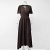 Elegant V-Neck Summer Evening Dress with Cinched Waist and Slit, Short Sleeve