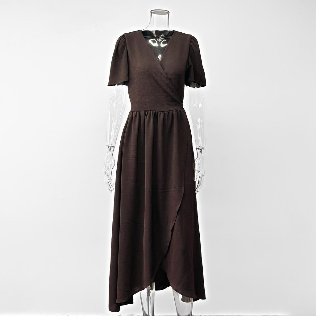 Elegant V-Neck Summer Evening Dress with Cinched Waist and Slit, Short Sleeve
