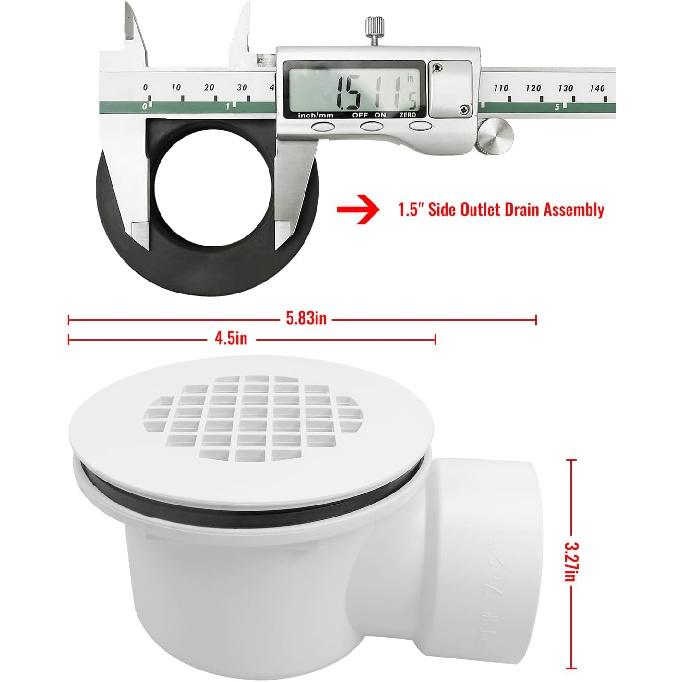 Low Profile Shower Drain Base with 1-1/2" Reducer Pipe Fitting and Perforated Strainer, for 1.5 inch Side Outlet Drain and Shower Base PVC Drain