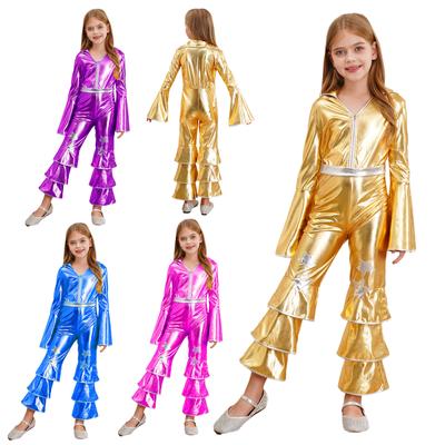 Mädchen Glänzend Metallic Schlaghose Jumpsuit Bodysuit Jazz Dance Bühnenkleidung 1970er Disco Cosplay Kostüm Karneval Rave Party Anzug