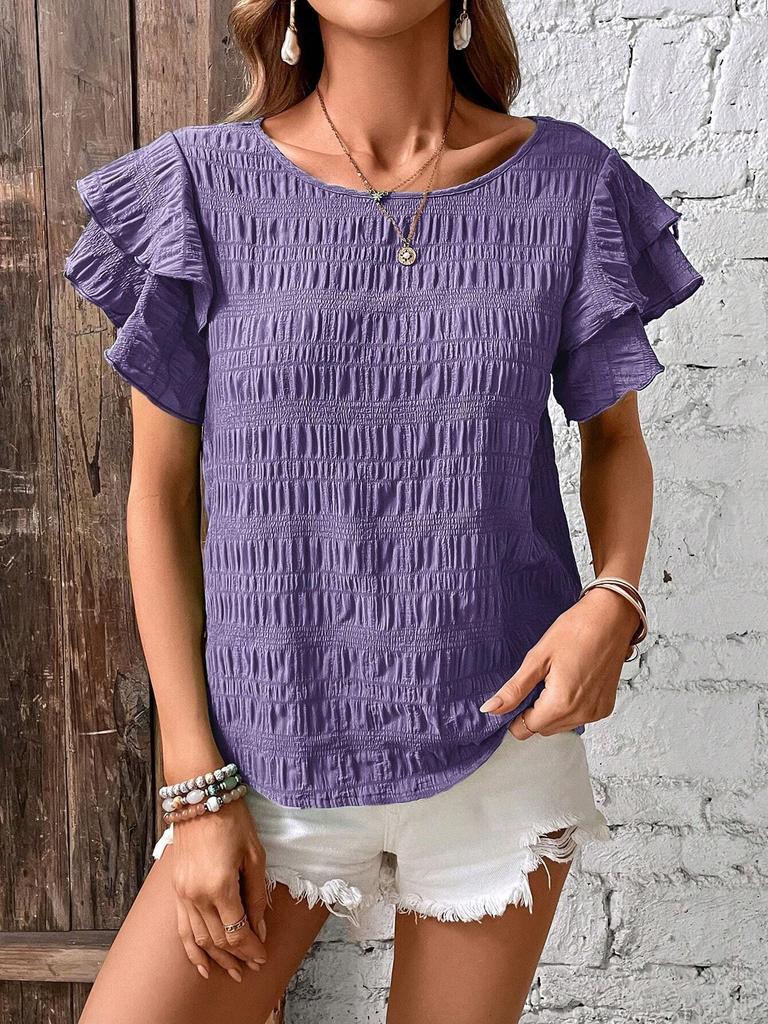 Women's Summer Double-layer Ruffled Sleeve Round Neck Pullover T-shirt