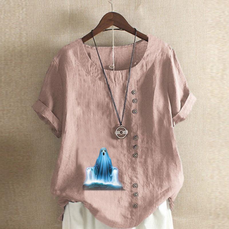 Women's Fashion Ghost Print Short Sleeve T-shirt Loose Cotton Shirt Casual Loose Summer Blouse Tops