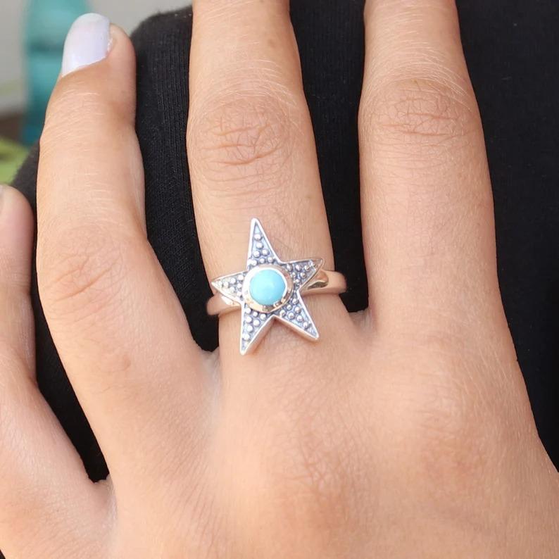 Turquoise Gemstone Ring, Star Ring, Designer Jewelry, Boho Ring, Handmade Ring, Unique Gift, Silver Charm Jewelry, 925 Silver Ring