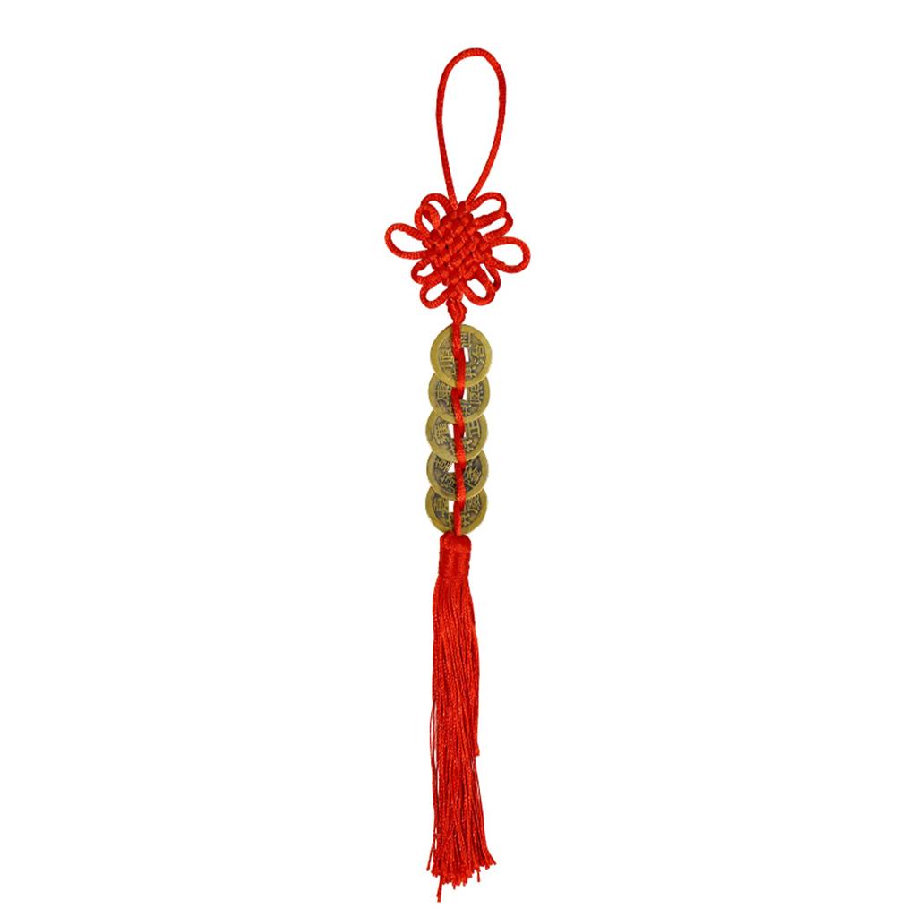 Genuine Copper Five Emperor Coins Feng Shui Hanging Ornament, Handmade Red String Door to Door Evil Protection Home Car