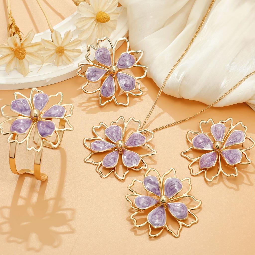 Hot-selling new dripping oil elegant and sweet lotus double-layer hollow three-dimensional flower ring bracelet stud earrings necklace