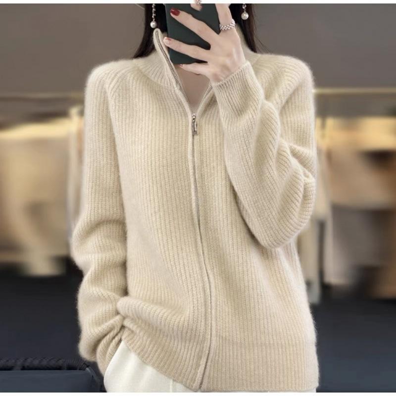 Spring Autumn and Winter Cardigan Women's Stand-up Collar Zipper Cardigan Thickened Cardigan Jacket Knit Sweater with Lazy Style