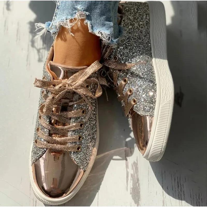 Fashion Wome's Sneakers Bling Golden Shoes Casual Female Breathable Lace Up Outdoor Sport Tennis Women Vulcanize Shoes Zapatos De Mujer