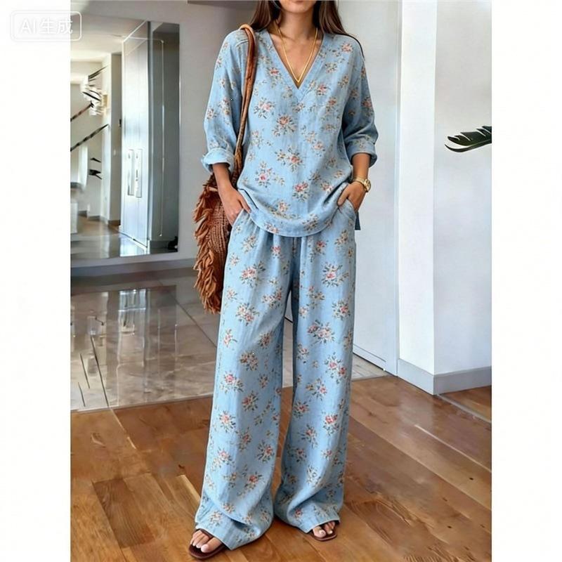 Gentle Temperament Printed Top Set, Classic Bohemian Pattern, Loose Wide-leg Pants for Summer Casual Wear