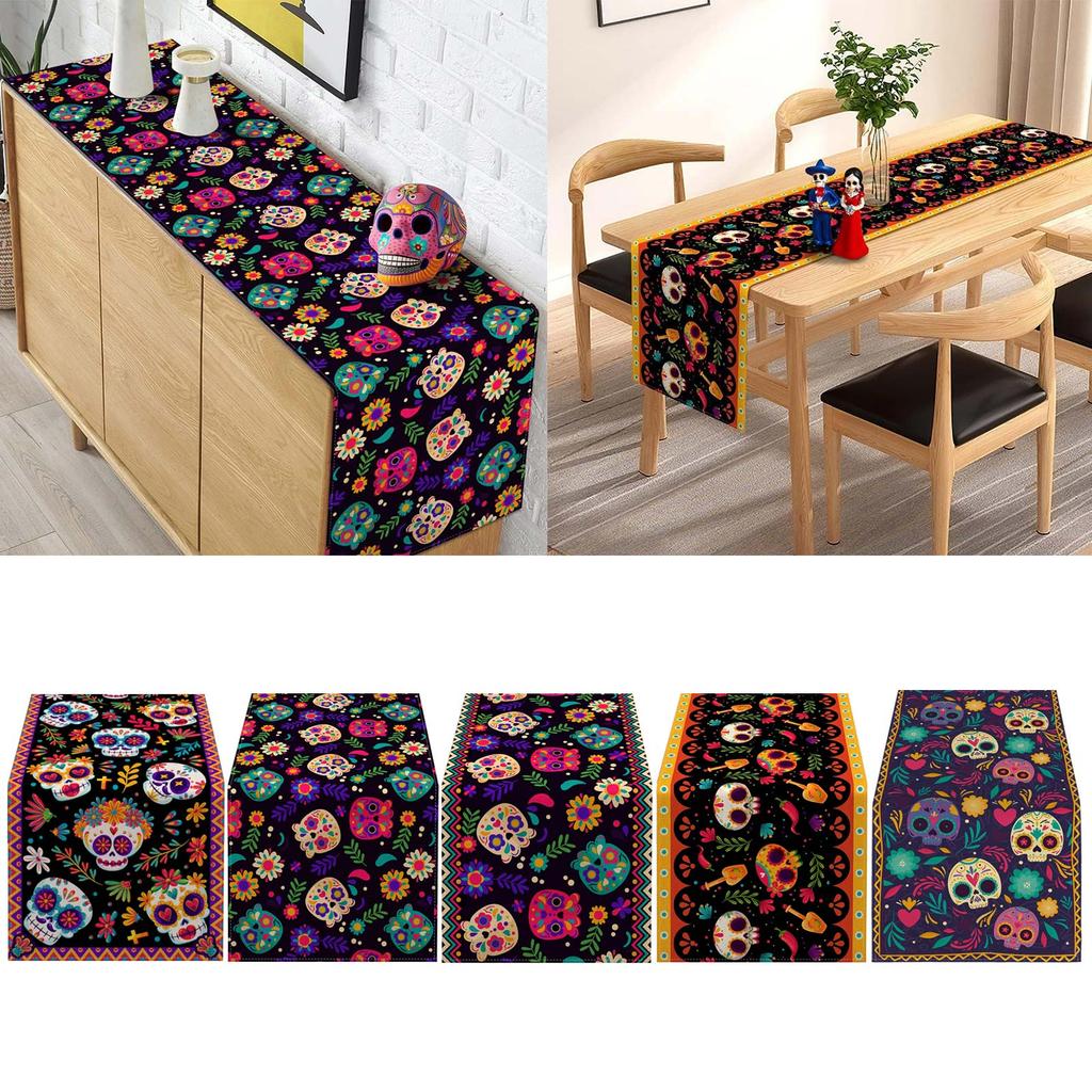 Skull Table Runners Mexico Flower Day of The Dead Linen Table Runners Holiday Decorations for Dining Table