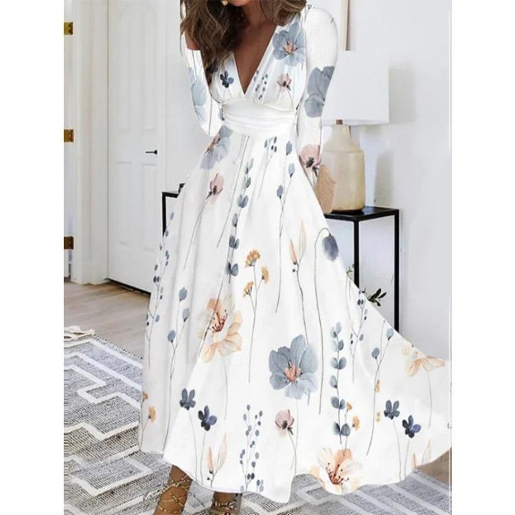 Loose V-neck Printed Women's Dress Bohemian Style Long Sleeve Large Size Autumn Clothing