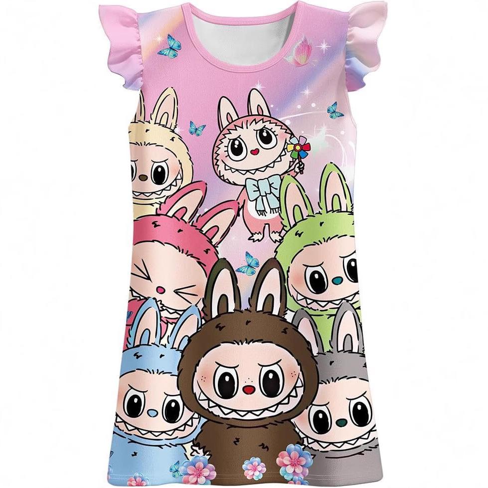 Summer new LABUBU cartoon cute children's nightdress short-sleeved ruffle edge thin digital print
