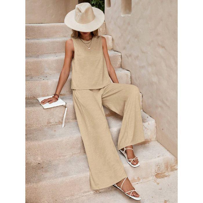 South East Asia Spring and Summer Large Size Loose Temperament Casual Foreign Style Hemp Sleeveless Solid Color Fashion Sports Suit
