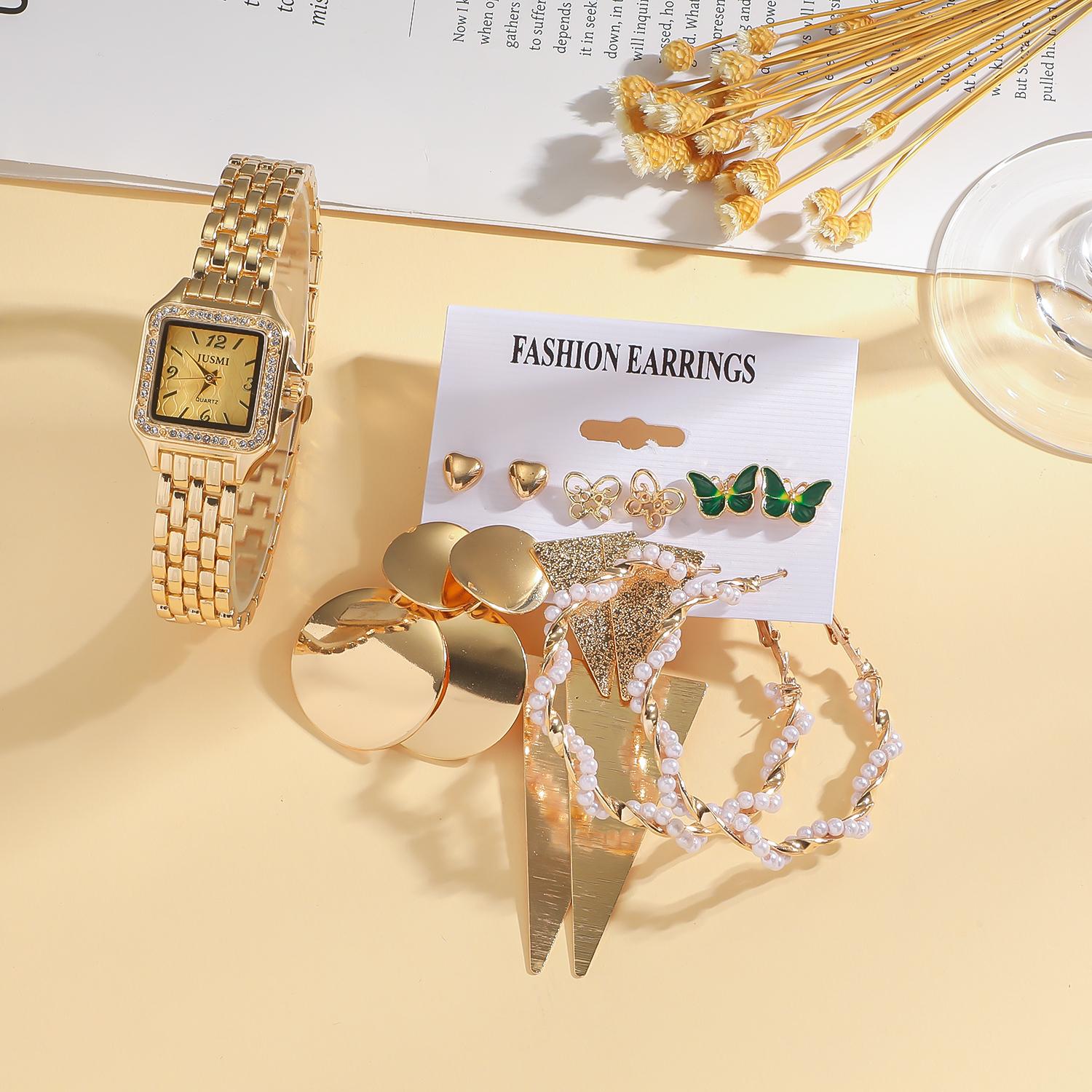 

Набор из 2 предметов: классические ретро квадратные часы с циферблатом в виде бриллианта, кварцевые часы и серьги разных стилей, без подарочной коробки золотой