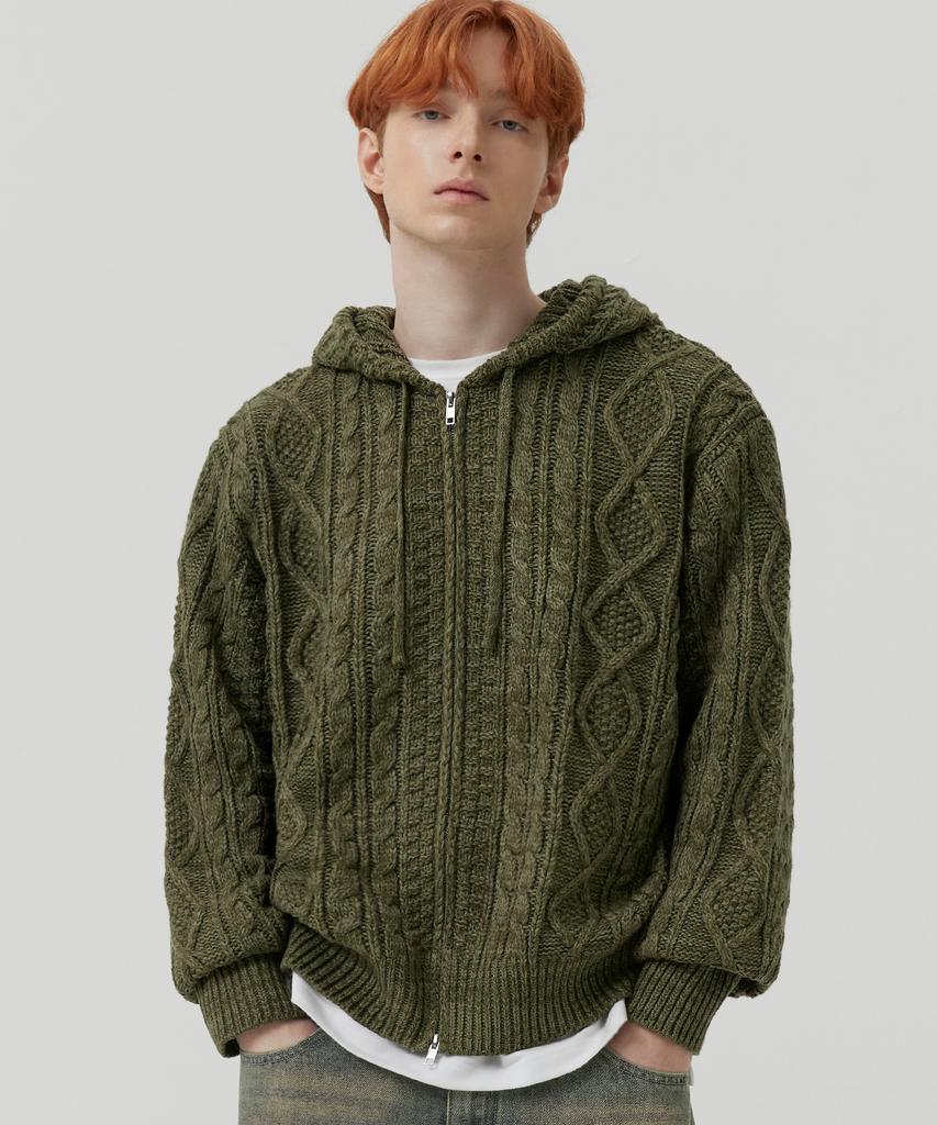 TRILLION Washable Aran Cable Hooded Zip-Up Knit (Khaki)