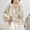Spring New V-Neck Half Cardigan Button Heavy Industry Embroidered Cotton and Linen Mori Top