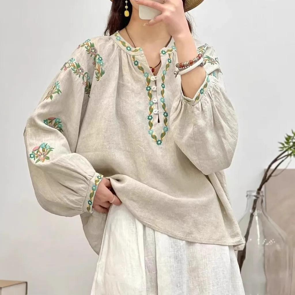 Spring New V-Neck Half Cardigan Button Heavy Industry Embroidered Cotton and Linen Mori Top