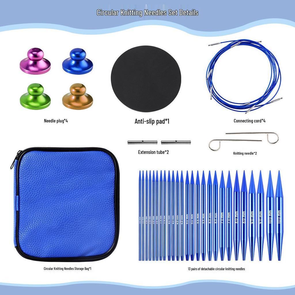 Blue Detachable Circular & Straight Knitting Needle Set with Replaceable Yarn Needles and Rope