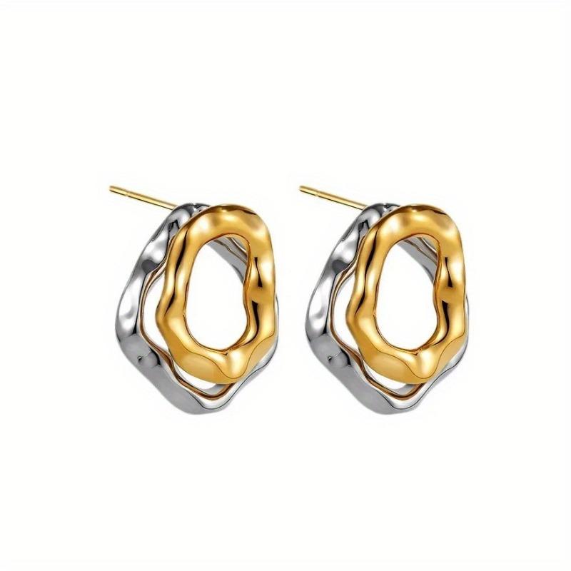 1PAIR Double Layer Irregular Geometric Pattern Copper Earrings, Uneven Surface Fashion Gold and Silver Jewelry Gift