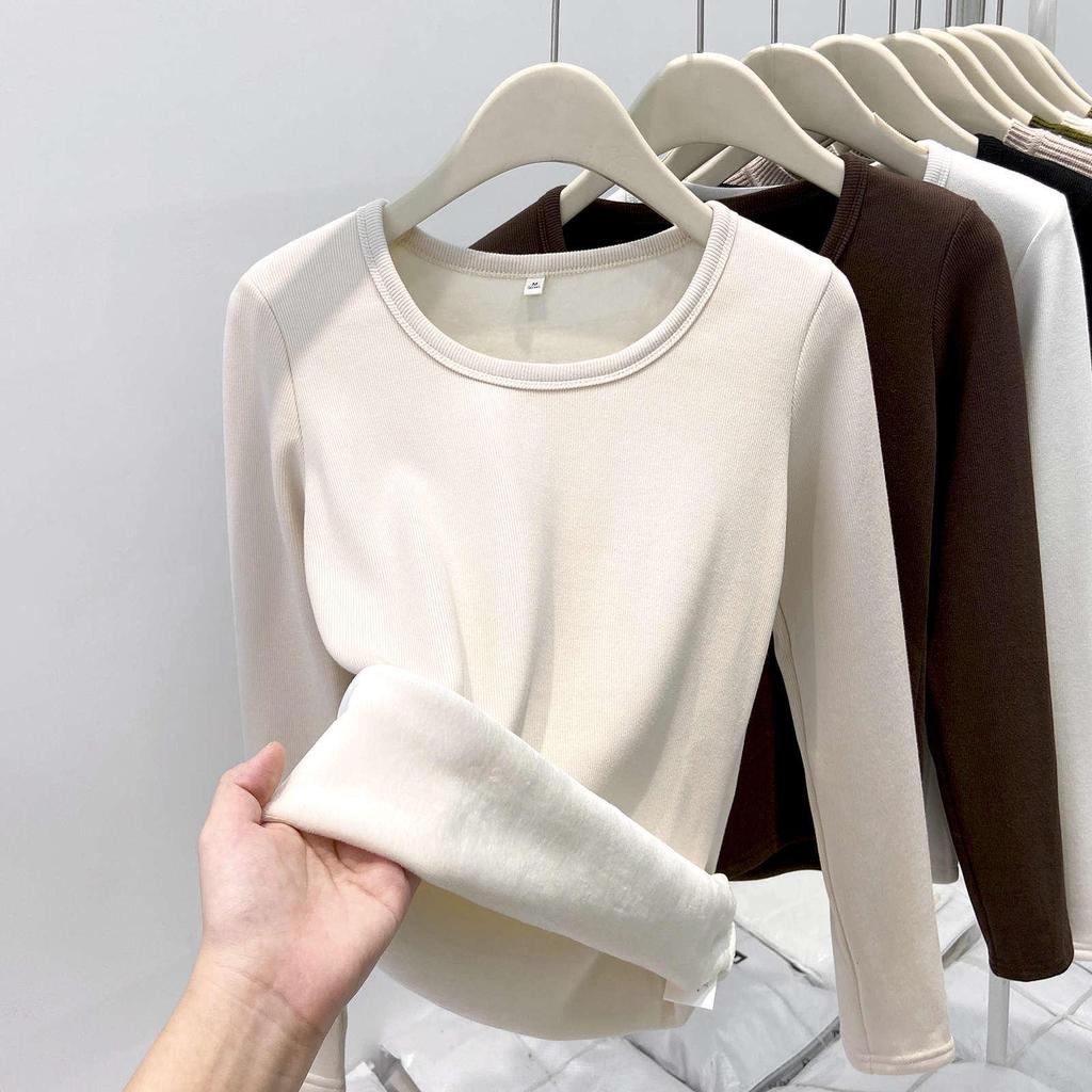 Women's European Style Velvet-Lined Long Sleeve Slimming T-Shirt for Autumn/Winter