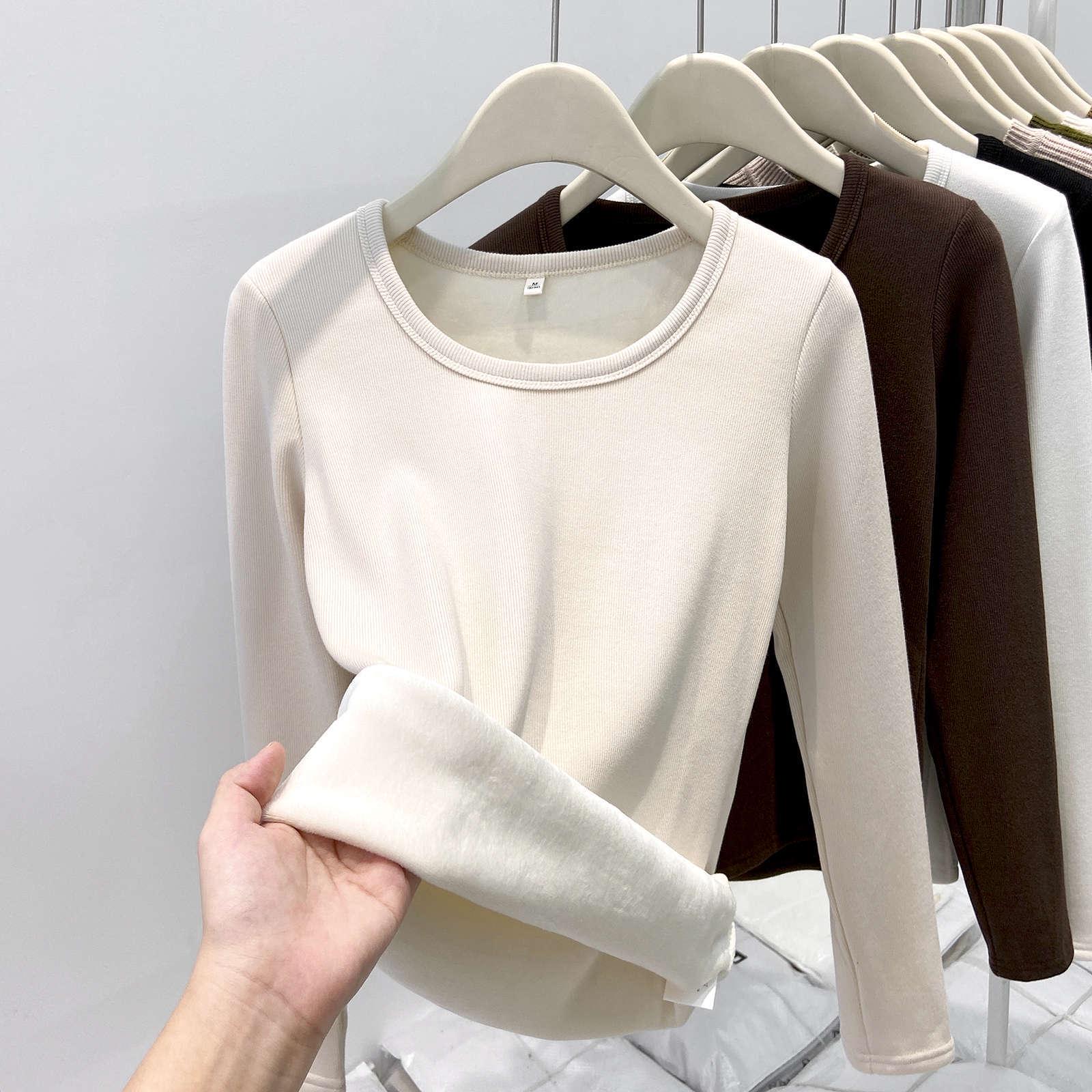 Women s European Style Velvet-Lined Long Sleeve Slimming T-Shirt for Autumn/Winter Medium абрикосовый