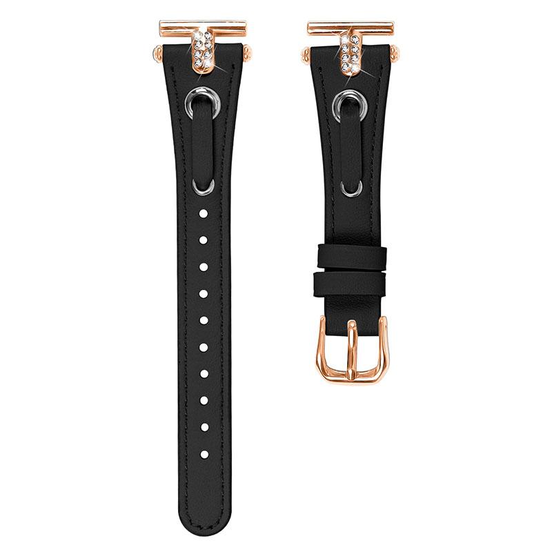 

For Pebble Time Round/Pebble 2 Genuine Cow Leather Watch Band Rhinestone Decor Rose Gold Buckle Watch Strap Black