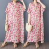 Dimanaf 2025 Summer Women Printing Linen Plus Size Long Dress Short Sleeve Vintage Casual V-Neck Basic Loose Dress