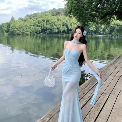 Franse Temperament Socialite Visstaart Lange Jurk Mesh Buis Top Jurk Dames High-end Zeevakantie Strandjurk