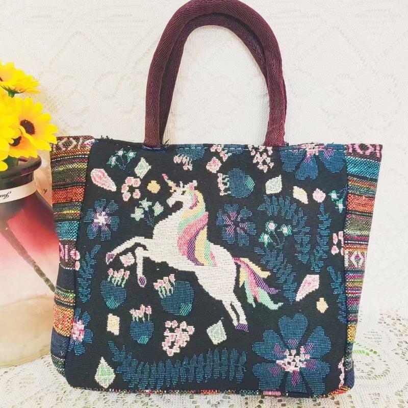 Canvas bag, women's large-capacity double-sided embroidered animal handbag, mommy bag, go shopping, handbag