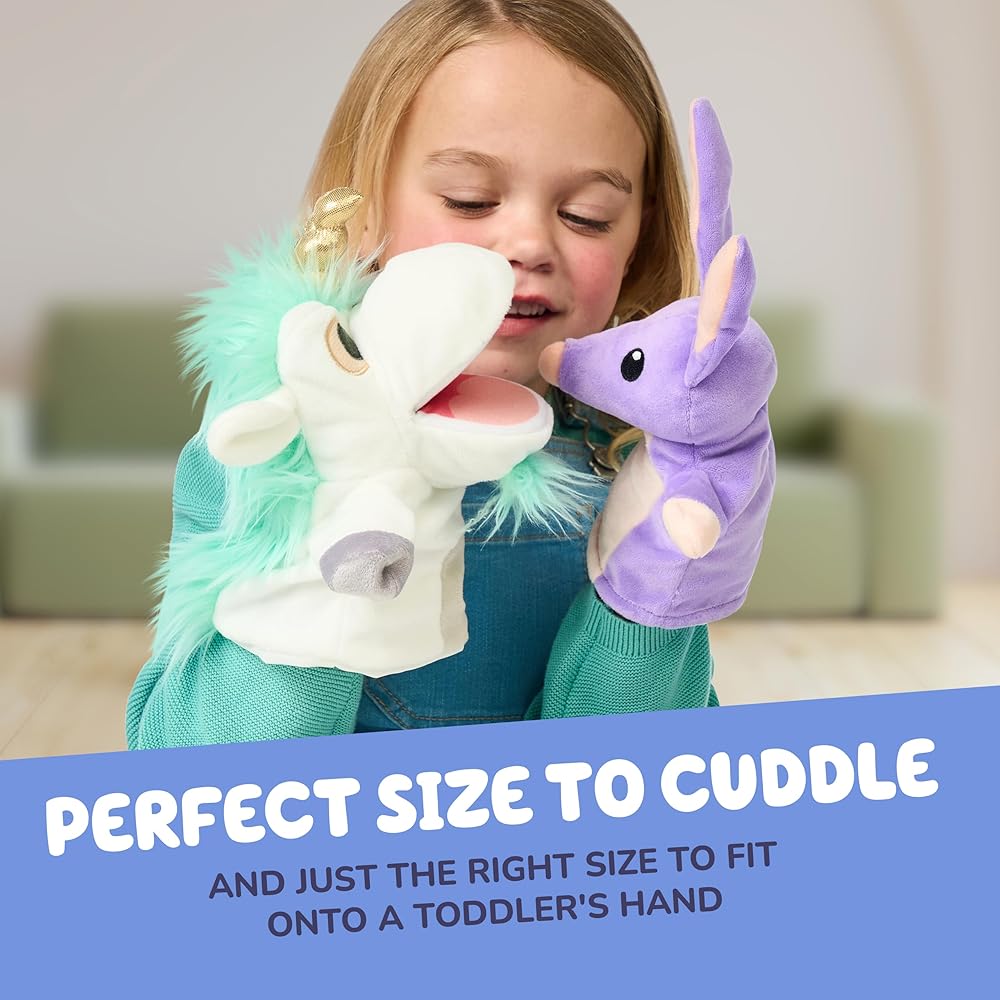 Bluey Unicorse and Bob Bilby Plush Puppets 8-9 Inch Soft Animal Puppets for Small Hands Ages 3 and Up