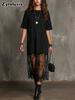 Summer New Solid Color Long Dress for Women, Personality Design Lace Patchwork Short Sleeve Mini Dress