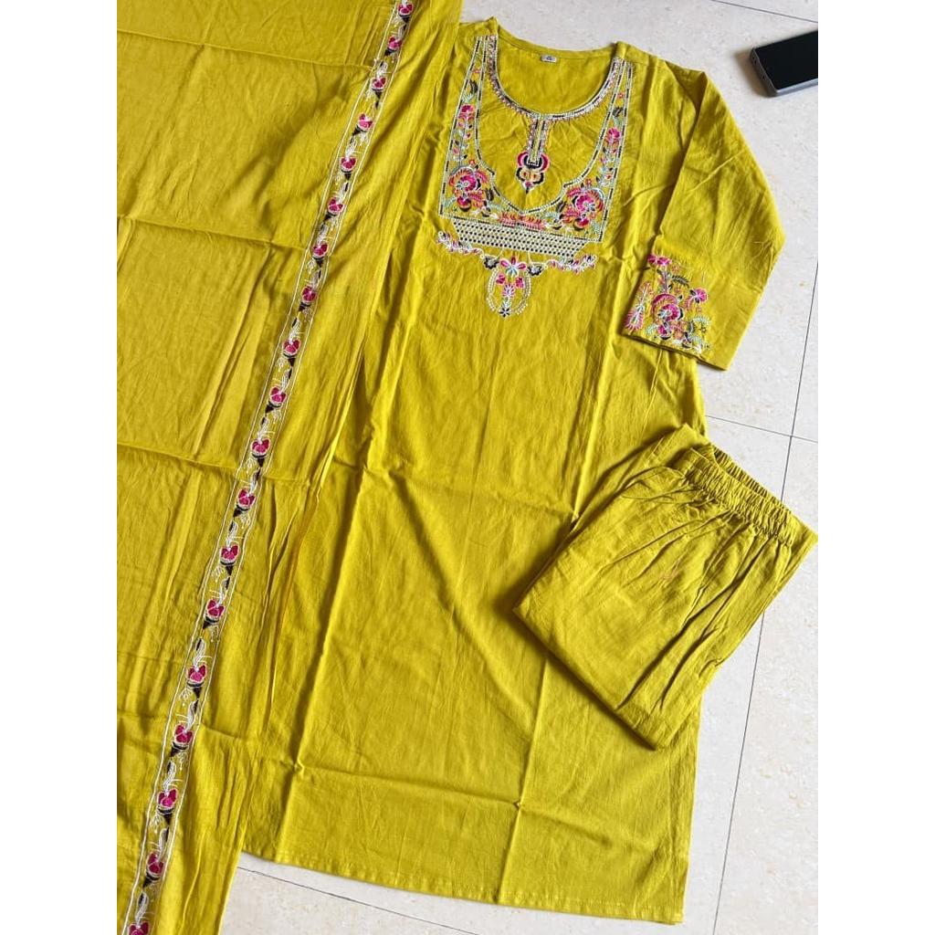 Premium Cotton Embroidery Kurti Pant Dupatta Set Indian Bollywood Ethnic Suit