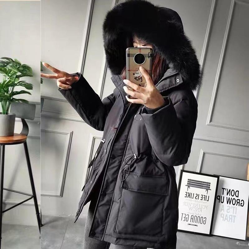 Zimní silná teplá bavlněná péřová bunda Ženy Ležérní Jednobarevné Velký kožešinový límec Stahovací šňůrka Vycpaný kabát Elegantní Dámské Krátké kabáty s kapucí