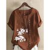 Autumn Vintage Cotton and Linen Printed Loose Casual Shirt with Short Sleeves for Women