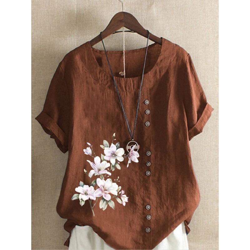 Autumn Vintage Cotton and Linen Printed Loose Casual Shirt with Short Sleeves for Women