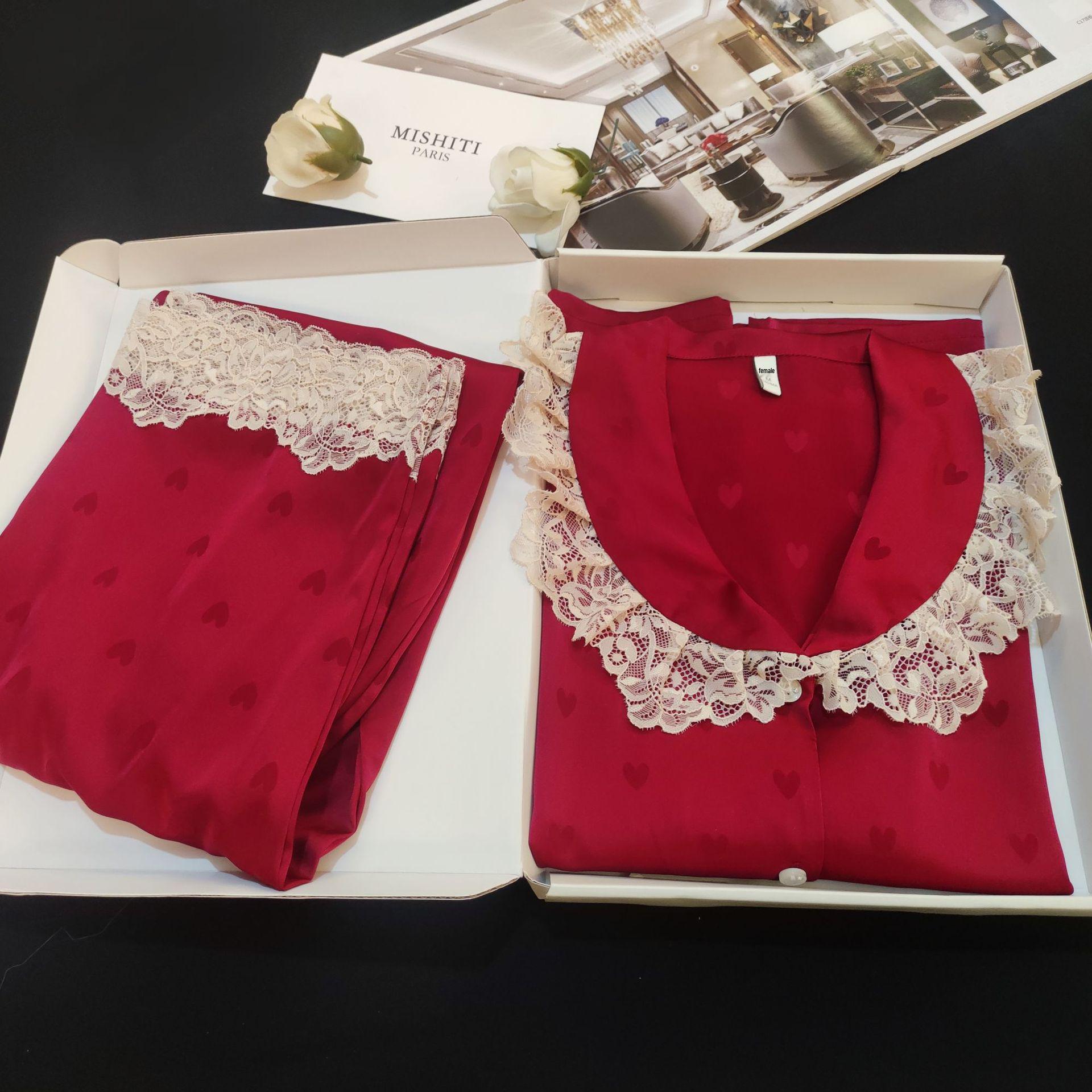 Heart Jacquard Doll Collar Lace Pajama Set - Women s Long Sleeve & Pants, 2025 Bestseller M красный