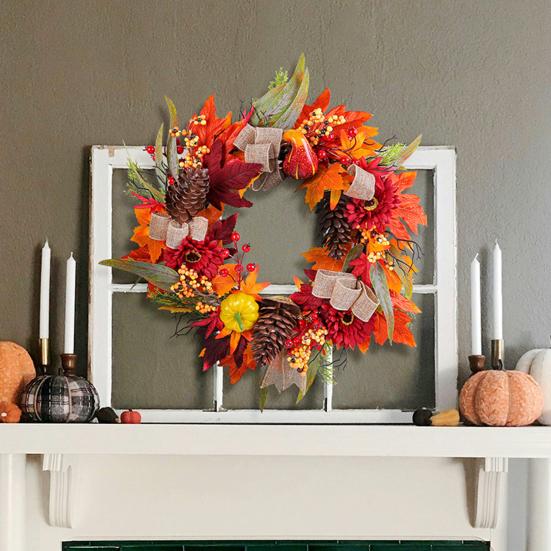 Artificial Fall Wreath 18 Inch Autumn Front Door Wreath with Sunflower Pumpkin Berries Pine Cones for Wall Window Thanksgiving Harvest Decor