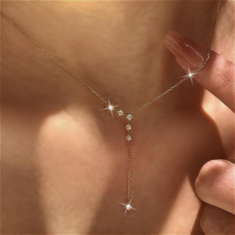 French Style 925 Silver Luxury High-End Y-Shaped Tassel Pendant Necklace with Moissanite on an Elegant Link Chain