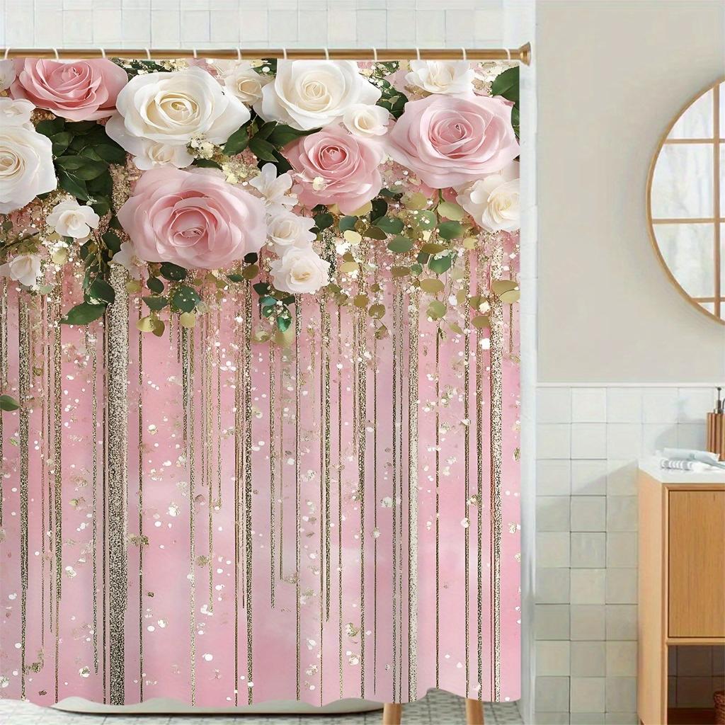 4Pcs Bathroom Shower Curtain Set Pink and White Flower Bathroom Curtain With 12 Hooks Non Slip Rugs Toilet Cover Mat Bathroom Partition