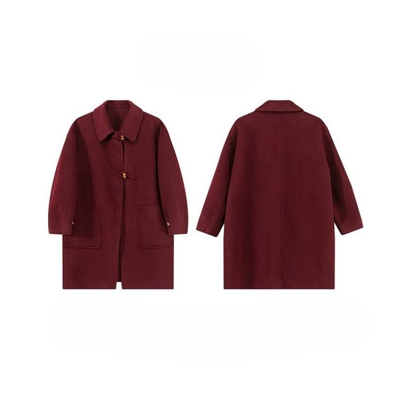 Gray Wool Coat Women Autumn Winter Middle Long Length Petite Pure Color Button Design Outerwear