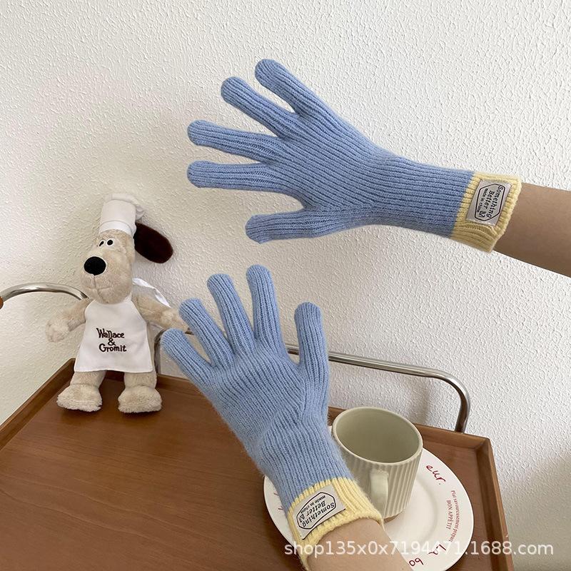 Gants cinq doigts tactiles à assortir les couleurs pour femme automne et hiver version coréenne tous sports de plein air cyclisme chauds et froids tricotés