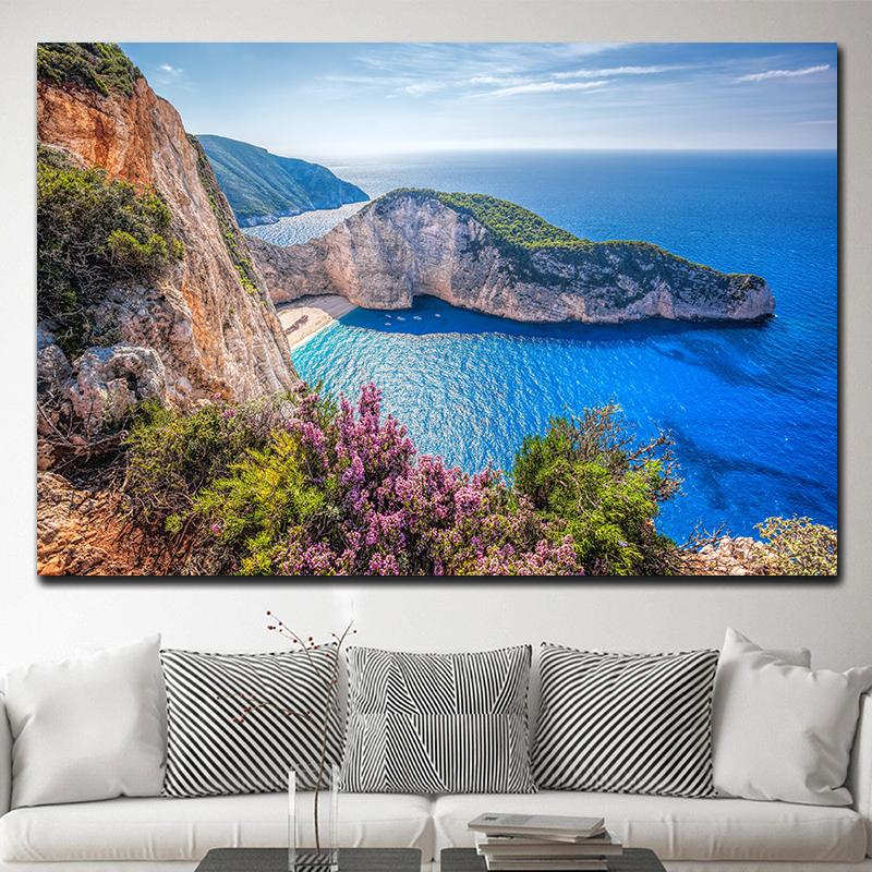 Zakynthos Island Greece Landscape Canvas Painting Navagio Beach Seascape Ocean Posters and Prints Wall Art Wall Decor Cuadros