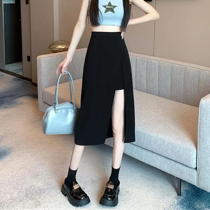 Irregularly Split Black Skirt Women's Summer Medium and Long A-shaped Culottes High Waist Short Skirt Skirt