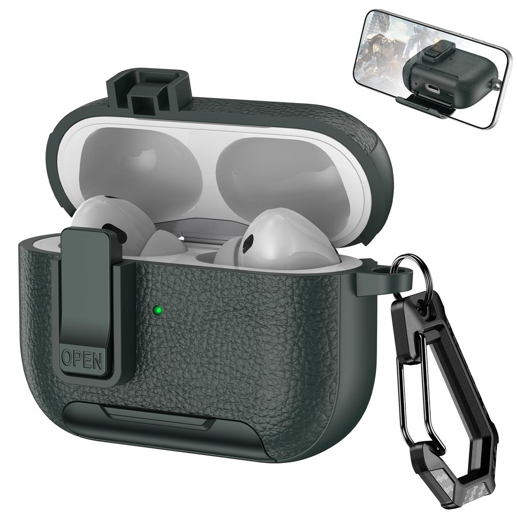 For Apple AirPods Pro Protective Case with Stand Litchi Texture Leather TPU + PC Earphone Cover with Lock Buckle and Carabiner