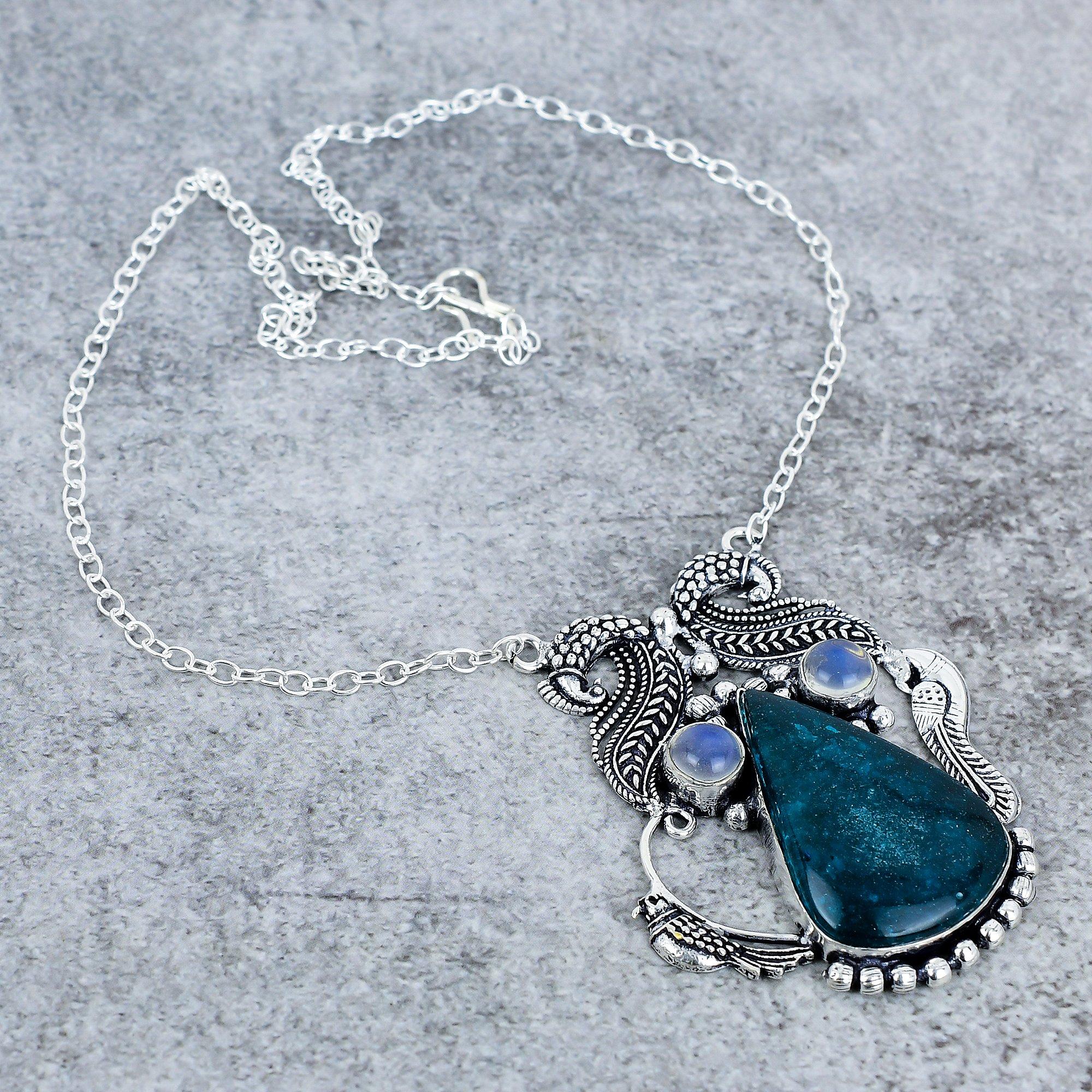 

Green Jade, Opal Gemstone Handmade 925 Sterling Silver Jewelry Necklace 18 M-2748