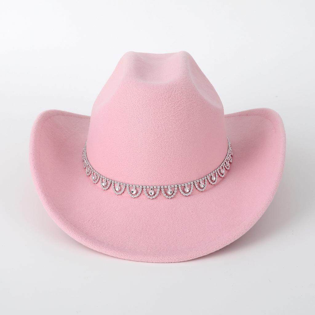 Women Cowgirl Hat with Rhinestones Decorative Band Classic Wide Brim Fedora Hat Western Caps Solid Color Sun Protection Hats